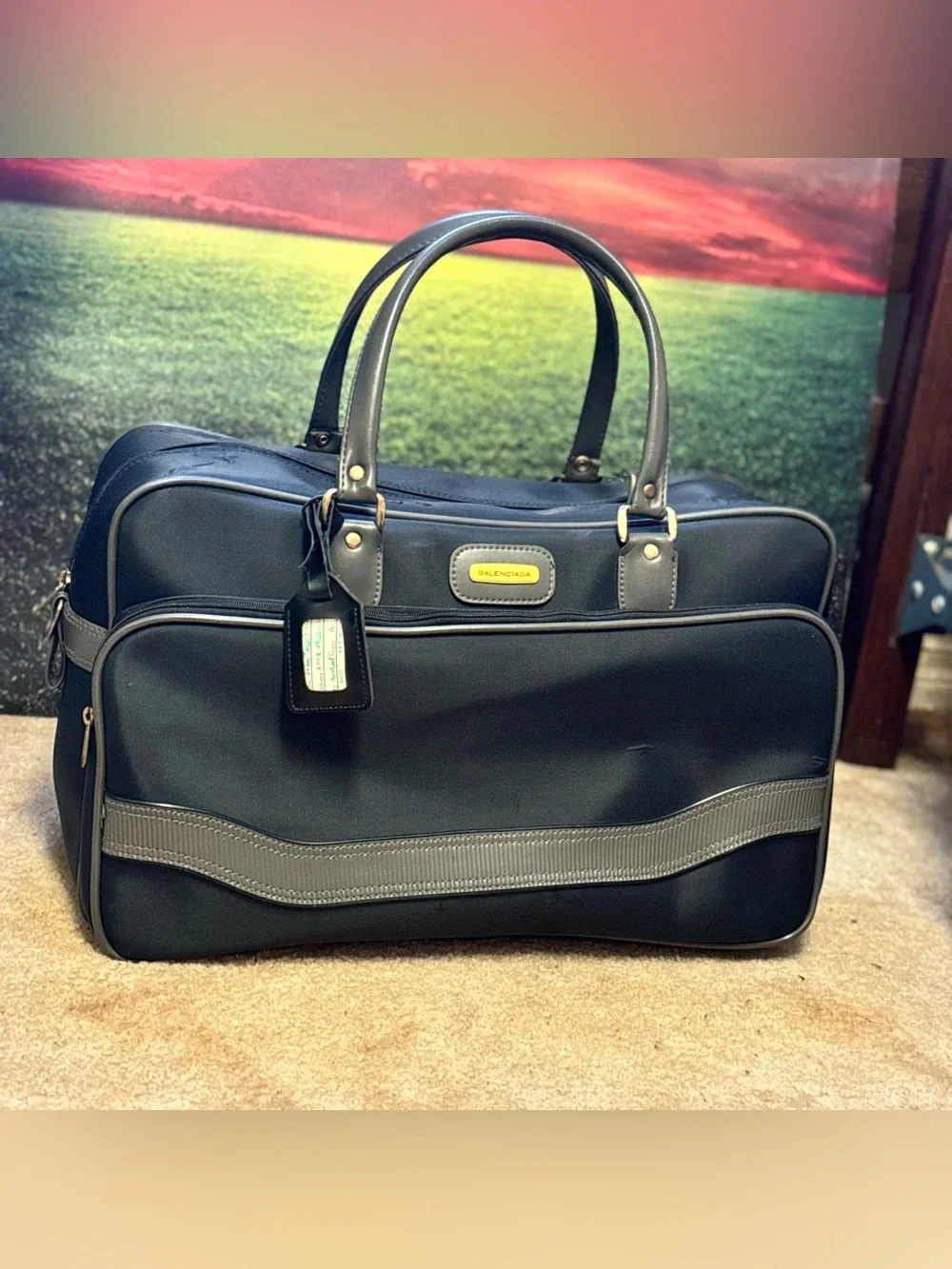 Vintage Balenciaga Black Nylon & Grey Trim Weekender Travel Duffel Bag